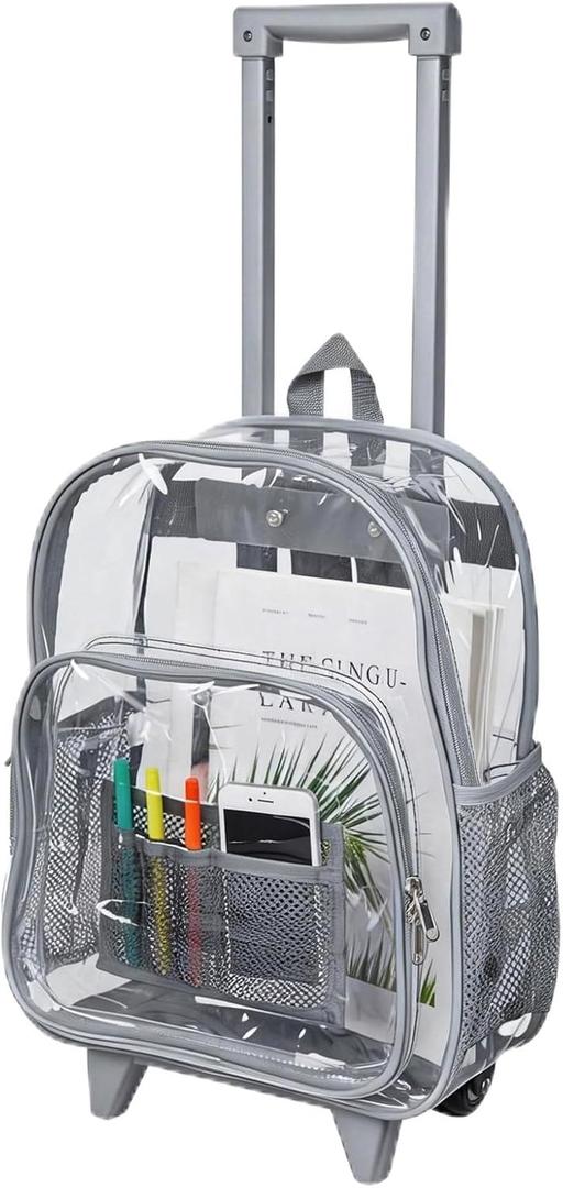 COVAX Rolling Clear Backpack, Heavy Duty See Through Bookbag, Transparent PVC Cold-resistant Backpack with Wheels (Grey)