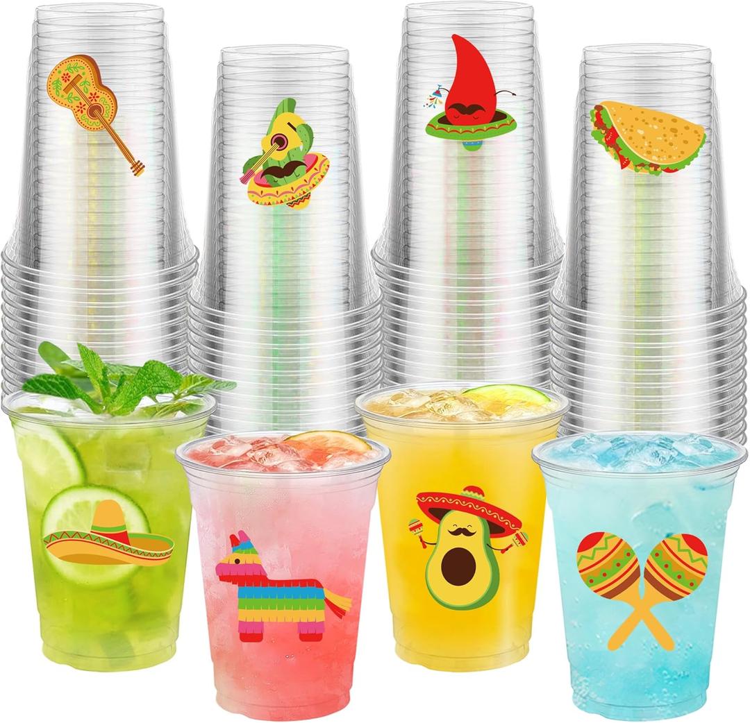 50 Pcs Mexican Fiesta Plastic Cups 16 oz Mexican Party Cups Cinco De Mayo Disposable Cup Clear Drinking Cup Bulk for Taco Birthday Hispanic Heritage Month Party Supplies