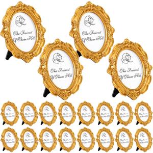 20 Pcs Gold Mini Picture Frames Pack 2 x 3 Inch Small Vintage Antique Ornate Retro Baroque Photo Frames with Backboard for Wall Hanging Tabletop Display Wedding Christmas Decor (Oval)