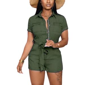 LaiyiVic Denim Romper for Women Jumpsuit Stretch Sexy Casual Short Sleeve Summer (Small, Army Green)