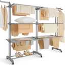 SONGMICS Clothes Drying Rack 4-Tier, Foldable Laundry Drying Rack 69.9-Inch Tall, Extendable Rods, Stainless Steel, Rolling Clothes Horses, Clothes Airer, Indoor Outdoor Use, Dove Gray ULLR704G01