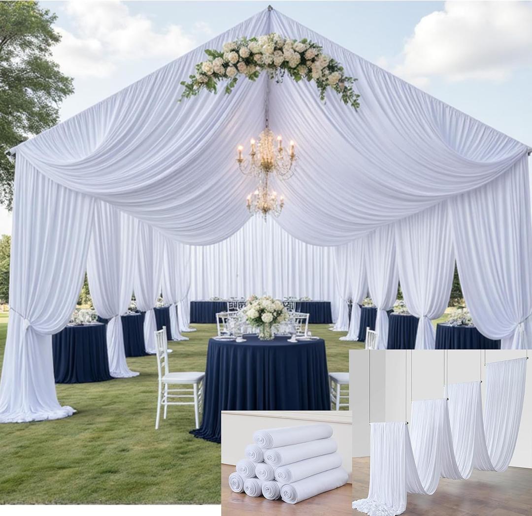 10 Panels 5x20ft White Ceiling Drapes for Weddings, Wrinkle Free Thick Polyester 20 ft Extra Long Ceiling Curtains Canopy Tent Draping Fabric Arch Drapery for Birthday Big Party Events Decor, 60"W x 240"L