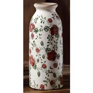 Small Vintage Rustic Flower Vase,Farmhouse Flower Vase for Home Decor,Chinoiserie Ceramic Vases for Table,Bookshelf,Living Room Centerpieces,Boho vases 7.8 Inch (White + Rose Red)