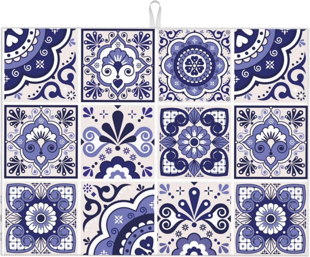 Talavera Mexican Tiles Dish Drying Mats for Kitchen Counter, Absorbent Reversible Microfiber Dish Drying Pad, Multi-Use Large Drying Mat Coffee Bar Accessories 18"x24"