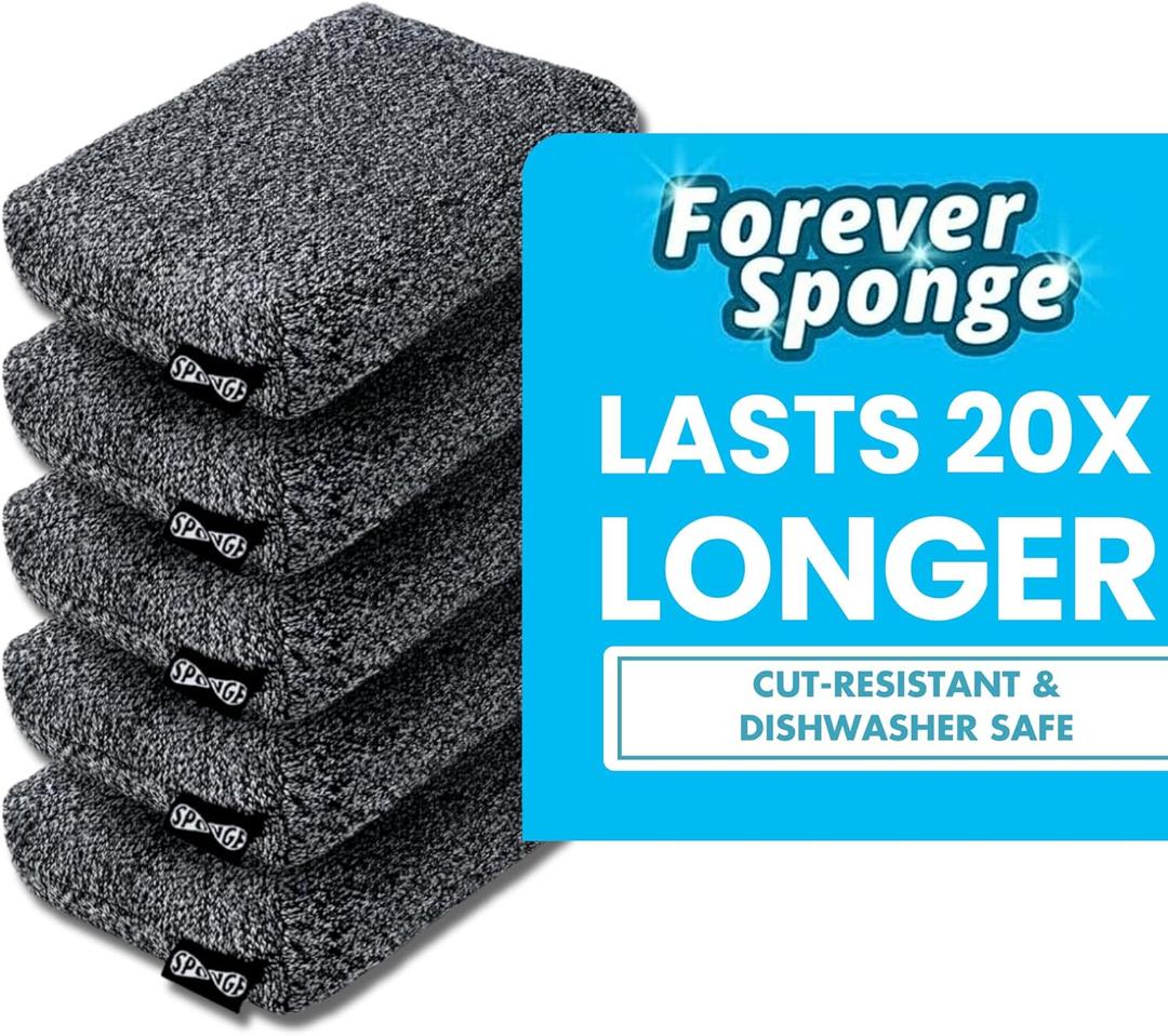 Grill Rescue Heavy Duty Kitchen Sponge - Lasts 20x Longer, Scratch-Free, Safe for Non-Stick Cookware - Cut Resistant, Versatile Household, Bathroom & Outdoor Cleaning Supplies (5, Grey) (Gray)