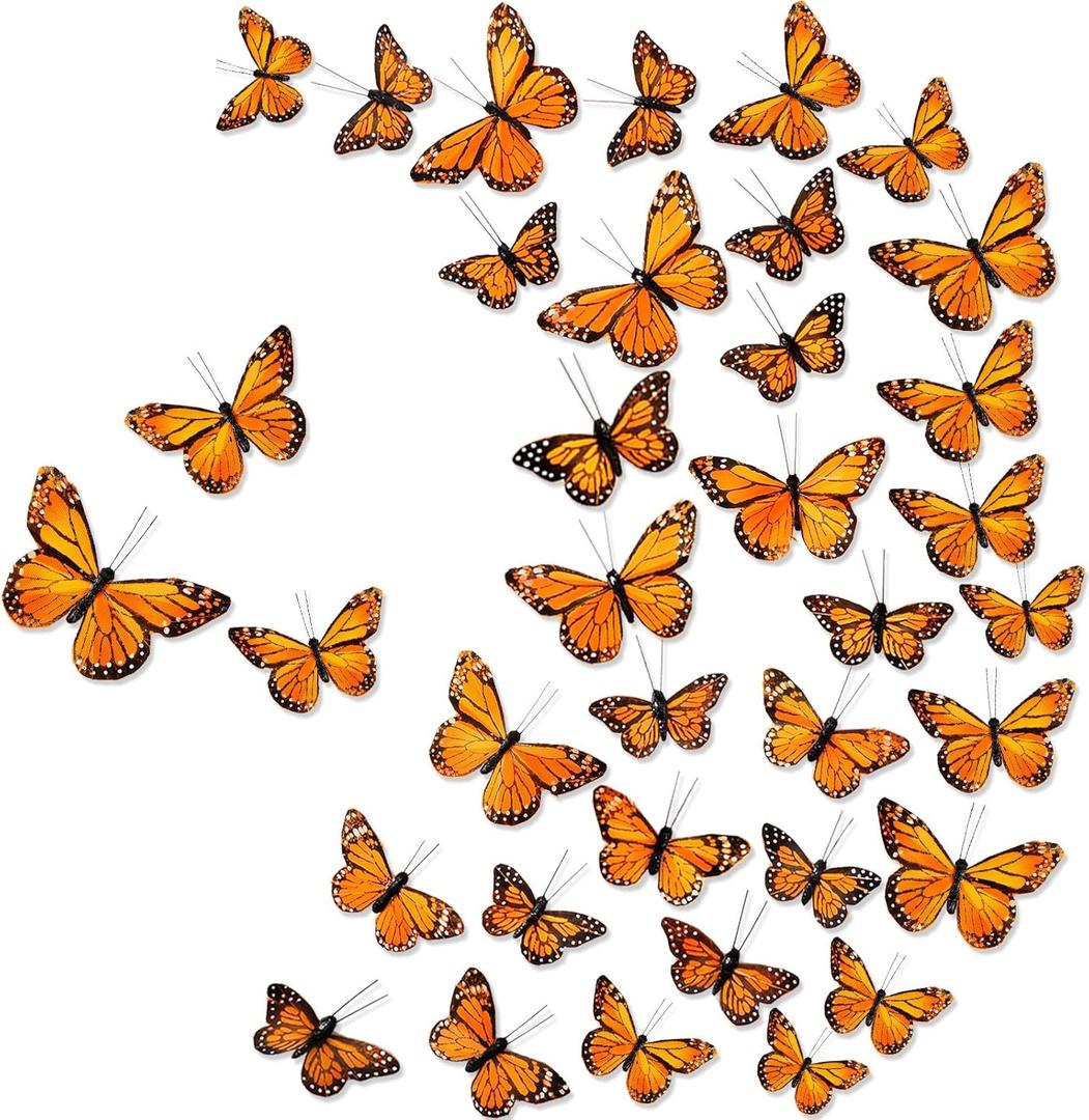 Chuangdi 36 Pcs Feather Monarch Butterfly Decorations 3size Artificial Monarch Butterfly 3D Realistic Flying Wall Decor for DIY Craft Home Wedding Party Fall Day of The Dead Decor (Orange)