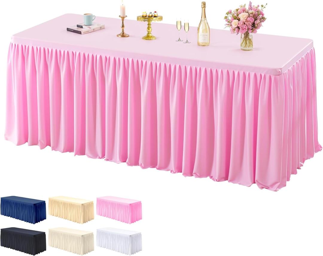 1 Pack Pink Spandex Table Clothes for 6 Foot Rectangle Tables, 6FT Wrinkle Free Fitted Tablecloths Ruffles Table Cover with Skirt for Baby Shower Birthday Party Banquet Wedding and Events