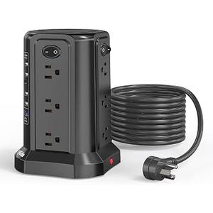 Power Strip Tower Surge Protector, EyGde Electric Charging Station, 12 AC Outlets with 4 Individual ON/Off Switches, Flat Plug 6ft Long Extension Cord with 5 USB Ports (1 USB-A Quick Charge, 4 USB-A)