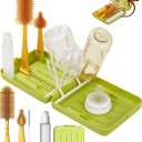 Travel Bottle Cleaner Kit, 6in1 Baby Toddler Travel Essential Silicone Bottle Brush Set, Baby Bottle Soap Dispense, Drying Rack, Nipple, Straw Breast Pump Cleaning, Storage Case, Gift for Moms (Green)