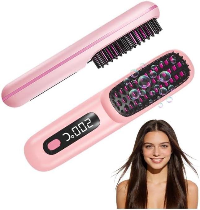 Go Brush Pro for Short Hair 2026, Portable Straightener Brushs for Travel, with LCD Temperature Display, Fast Heating Cordless Mini Hair Brushs (Pink)