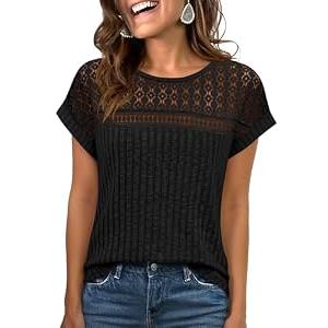 ANRABESS Wemens Tops Summer Sweaters Shirts Short Sleeve Lace T-Shirts Dressy Casual Business Tee Blouses 2026 Trendy Clothes Black XX-Large