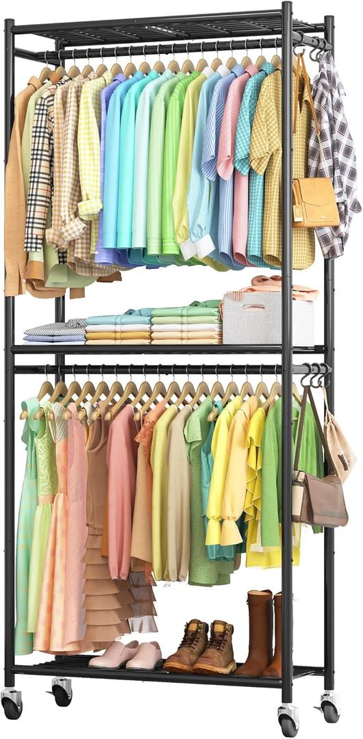 Sakugi Clothes Rack - 33.0" x 12.2" x 79.5" Clothing Rack with Shelves & Wheels, Multi-Functional Wardrobe Closet with Hooks, Sturdy Metal Garment Rack for Bedroom, Laundry, Balcony (Large, Black)