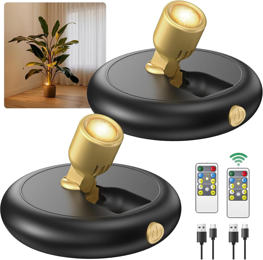 Rechargeable Battery LED Spotlight Indoor: Wireless Mini Art Accent Spot Lights with Timer Remote - Small Dimmable Uplight for Plants Display Painting Dartboard Artwork Portrait Closet (2 Pack, Black)