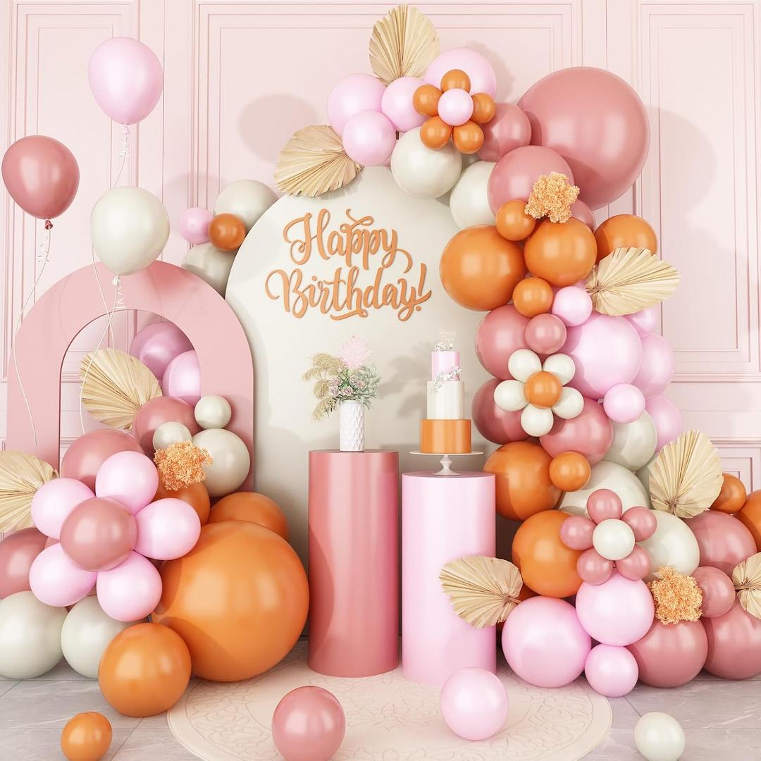 Boho Balloon Garland Arch Kit, Dusty Pink Orange Balloon Arch with Maca Pink Sand White Burnt Orange Latex Balloons for Girls Women Flower Daisy Birthday Wedding Baby Shower Party Decorations