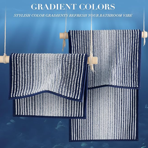 BSICPRO Bathroom Rugs and Mats Sets, 2 Piece Thick Absorbent Chenille Bath Mat Rug Set Non Slip, Soft Shaggy Bath Room Floor Mats for Bathroom, Machine Washable (Navy, 20" x 47" Plus 20" x 32")