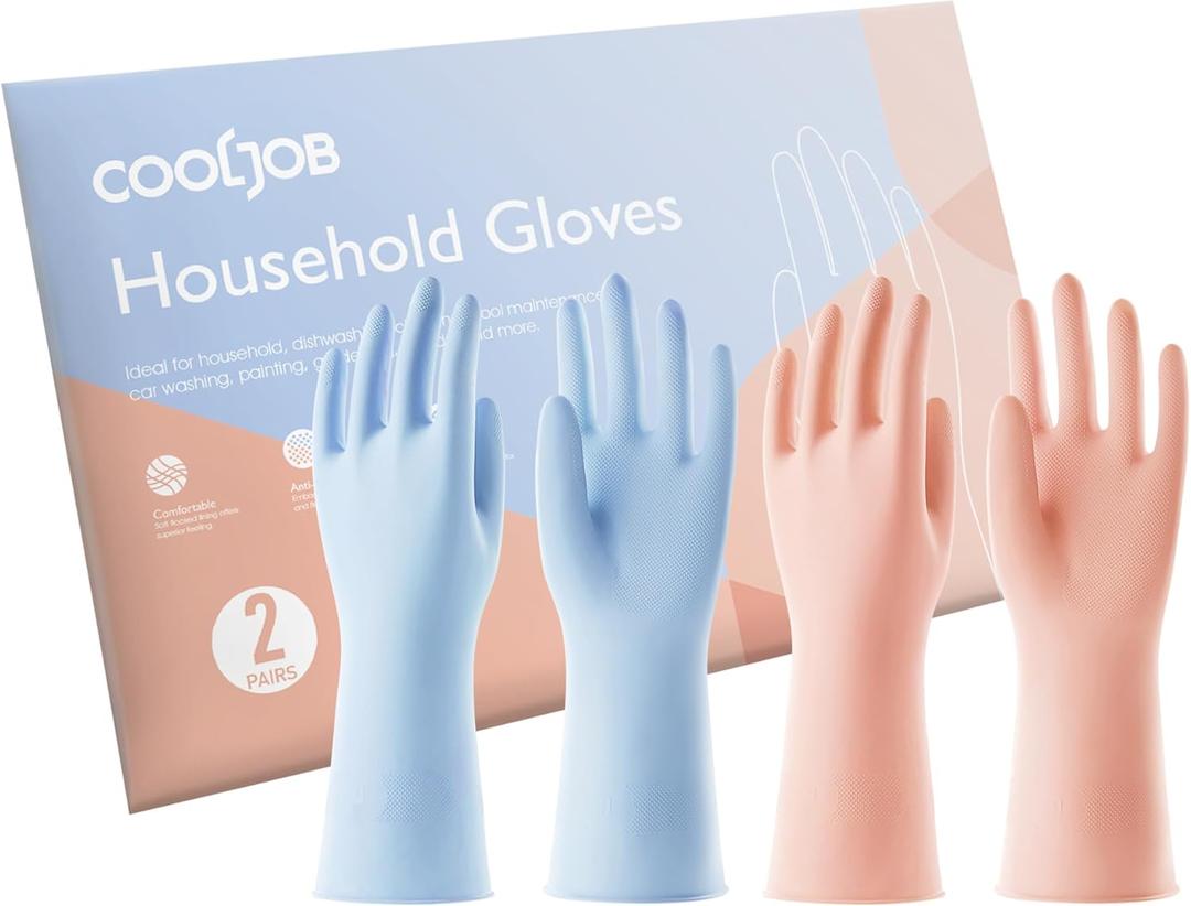 COOLJOB 2 Pairs Thickened Rubber Gloves with Cotton Lining & Non-slip Grip, Colorful Household Long Lasting Dishwashing Gloves for Kitchen & Bathroom Cleaning, Orange & Blue, Medium, Pack of 2