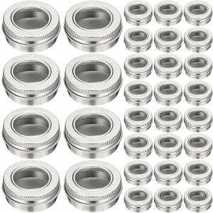 Zubebe 100 Pcs Aluminum Tin Jar Refillable Containers Clear Top Screw Lid Round Tin Container Bottle for Cosmetic, Cream, Diamond Painting, Salves, Balms, Lip Balm, Spices or Others, Silver (1 oz)