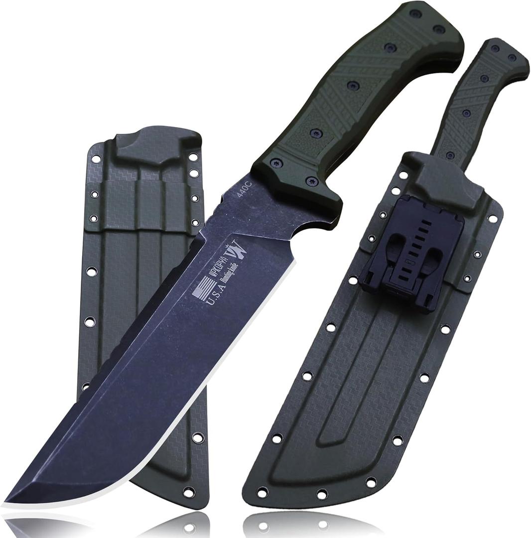 WPKOPYA Full Tang Outdoor Knife – 440C Stainless Steel Blade, 6mm Thick, 14.8in Overall, Nylon Fiber Handle & Sheath, Camping Hunting Survival Tool (green)