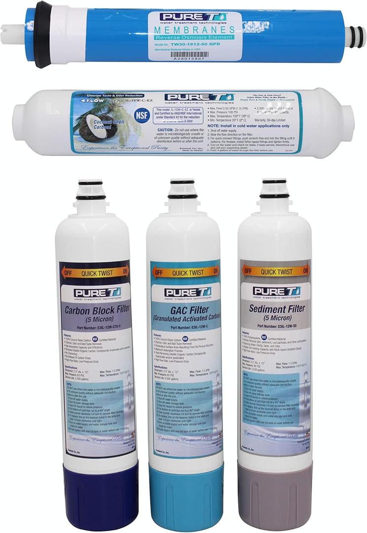 PureT FPK-E3-5 | Filter Set for EZ Slim Reverse Osmosis System, Full Water Replacement Filter Set - Sediment, Carbon & Reverse Osmosis Water Filter, Drinking Water Filter, Compatible w/ E3RO550-EZ