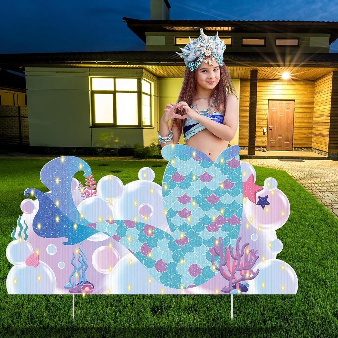 Mermaid Party Decoration Mermaid Tail LED Yard Sign Ocean Themed Party Lawn Decorations with Lights Outdoor Lawn Signs with Stakes Decor for Birthday Decor Photo Prop Supplies
