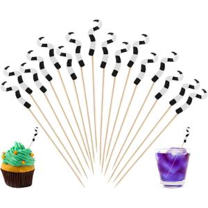 Chengu 200 Pcs Christmas Black and White Sandworm Cocktail Picks 5.9 Inch Appetizer Toothpicks, Bamboo Stick Skewers for Drink Striped Snake Tail Design Creepy Xmas Themed Party Decoration