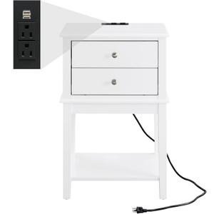 Bedroom White Nightstand with Charging Station and USB Ports, 28" Tall Bed 2 Drawers Night Stand, Living Room Big Size Wooden Side End Table