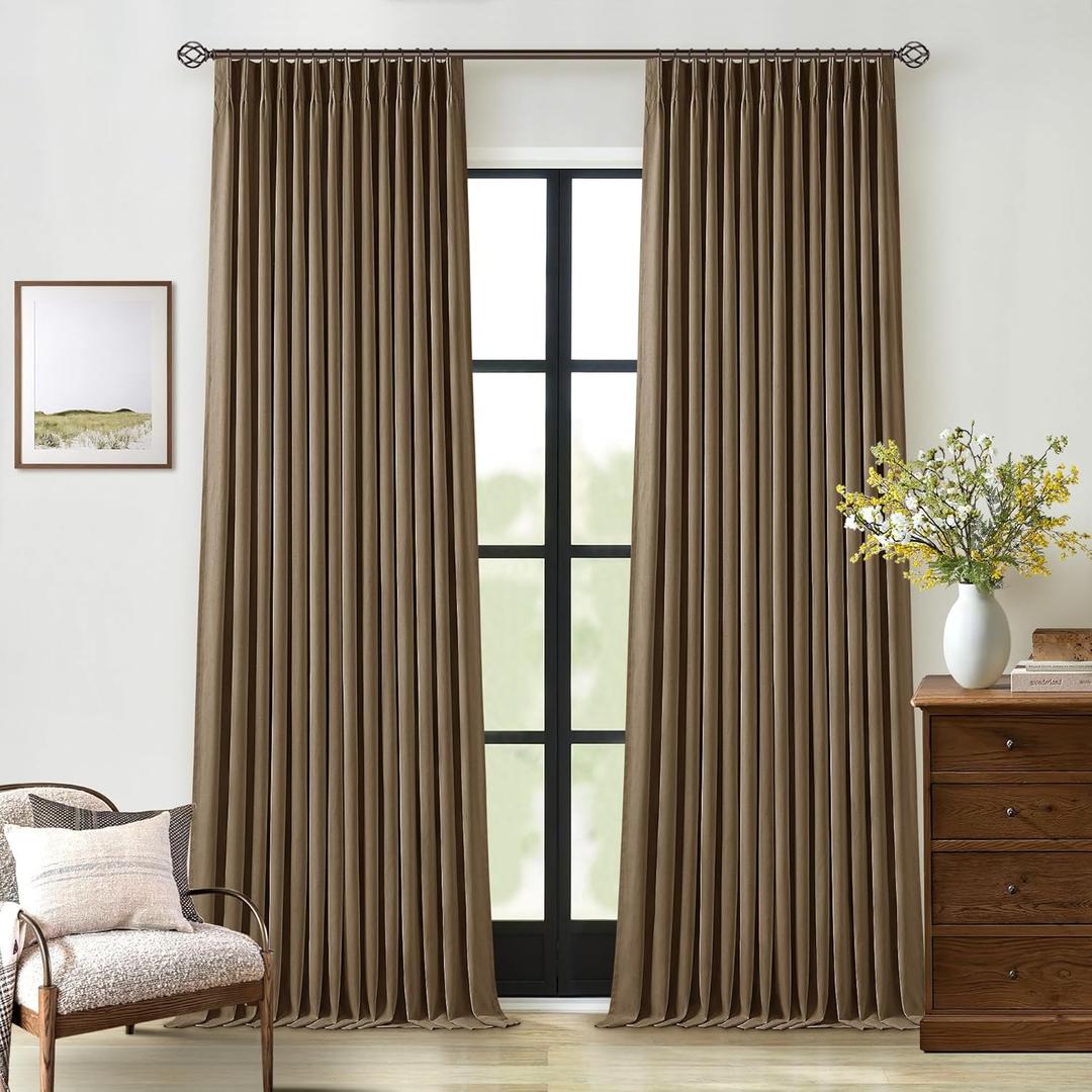 Dutch Cocoa Blackout Linen Curtains 108 Inches Long for Bedroom Pinch Pleated Black Out Curtains Lined 2 Layers Memory Shape Noise Reducing Rustic Farmhouse Living Room Darkening Window Drapes Brown
