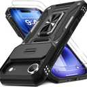 DEERLAMN Case for iPhone Air 6.5-Inch with Slide Camera Cover+Screen Protector(2 Packs), Rotated Ring Kickstand Military Grade Shockproof Protective Cover-Black