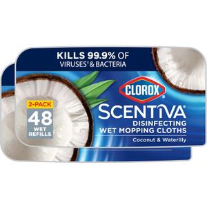 Clorox Scentiva Disinfecting Wet Mop Pad, Disposable Mop Heads, Coconut and Waterlily, 2 Packs, 24 Wet Refills Per Pack