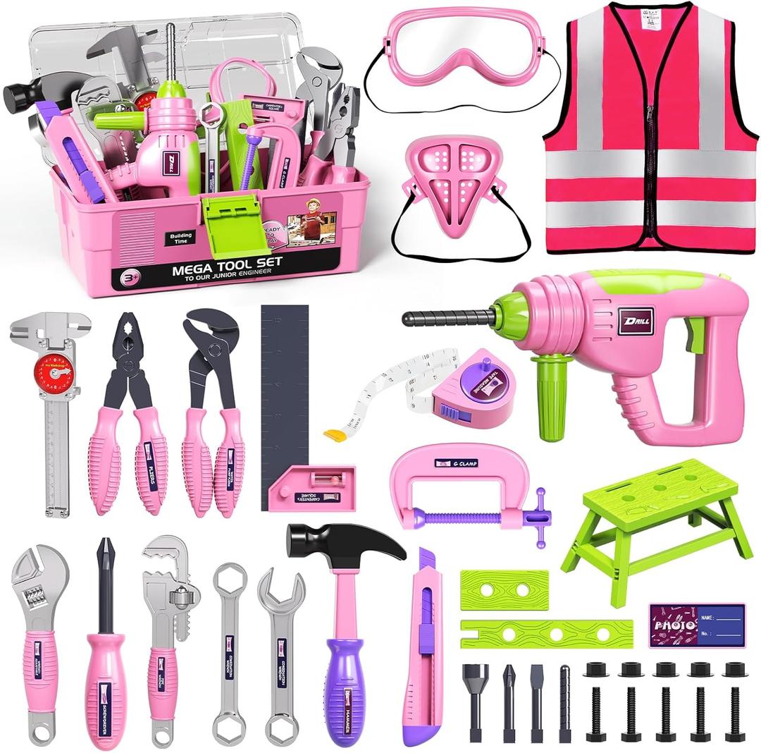 Pink Kids Tool Set for Girls-Toddler Tool Set with Electronic Toy Drill & Tool Box, STEM Pretend Play Construction Toys with Costume Vest, Educational Gifts for Age 3 4 5 6 7 Year Old