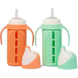 Tabor Place Set of 2 - Glass Sippy Cup for Toddlers - The Luca | Green & Orange| Spill-Proof | Silicone Straw | 8 oz | Liquids Never Touch Plastic | Removable Handles