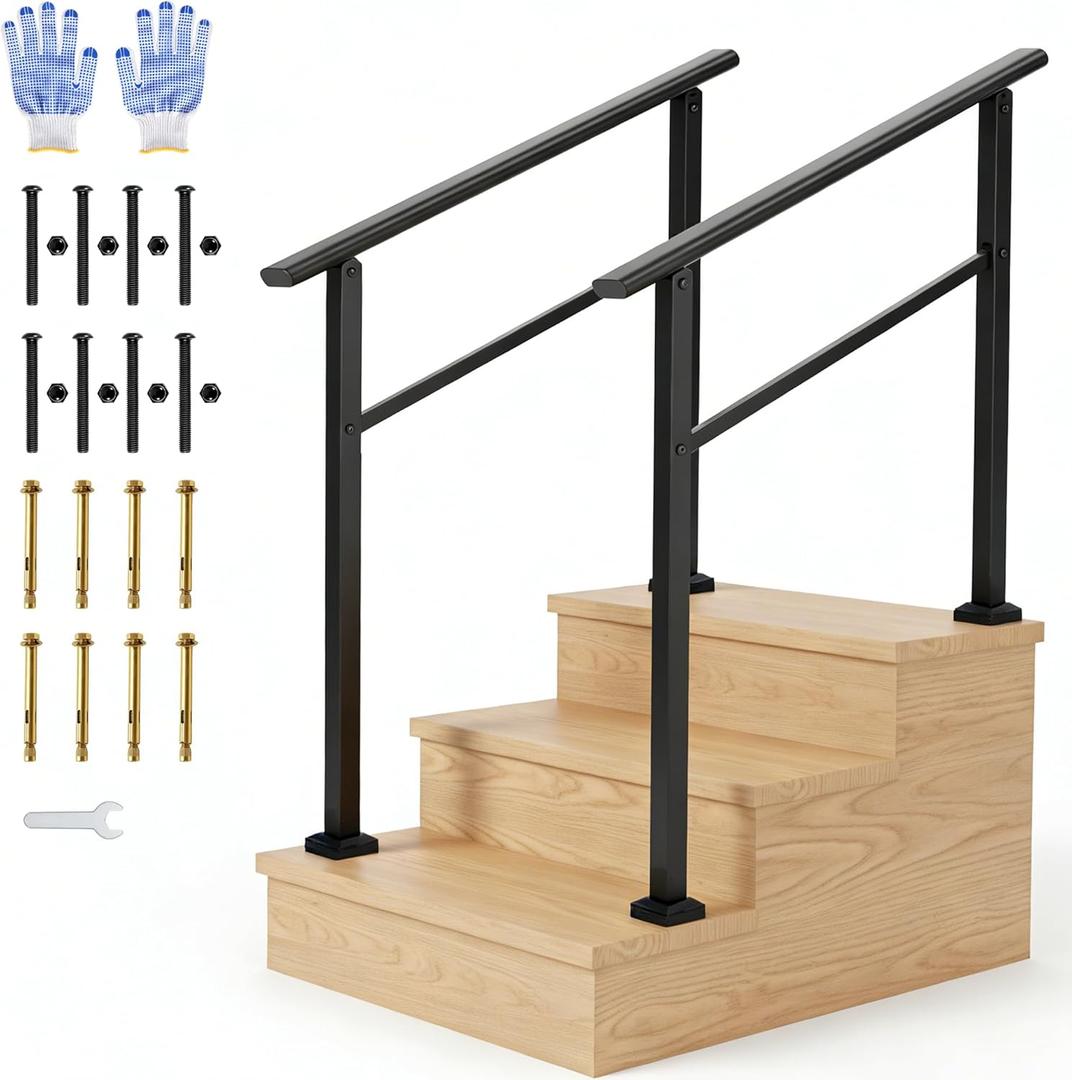 IDEALHOUSE 2 Pack 3 Step Outdoor Stair Handrail Kit, Black Aluminum & Iron Construction for Porch Steps, Easy Assembly Safety Railing, All Hardware & Gloves Included