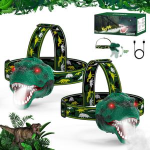 Kids Headlamp 2 Pack with Spray, Rechargeable Led Dinosaur Flashlight for Boys Girls Camping Gear, T-Rex Dinosaur Toys Headlights for Kids 3 4 5 6 7 8, Ideal Gifts for Birthday, Halloween, Christmas