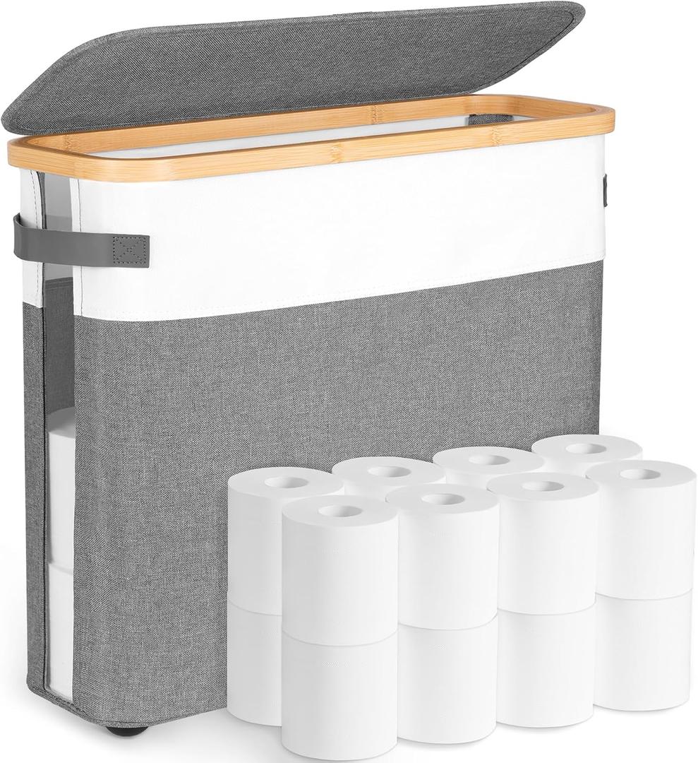 Extra Large Toilet Paper Storage Basket with Lid, 32.4L Toilet Paper Holder for Bathroom, Modern Neutral Style Holds 1216 Rolls Waterproof & Sturdy with Leather Handles, Grayish White
