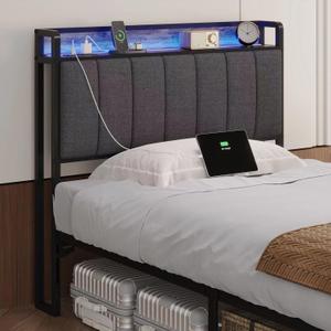 Twin Size Upholstered Headboard with LED Lights & Charging Station, USB & Type C Port, Linen Upholstery, Twin Headboard Only, Height Adjustable Attach Frame Sturdy and Stable Easy Assembly