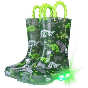 Funspread Toddler Kids Rain Boots - Light Up Boys Rainboots Boots Waterproof Lightweight Outdoor Shoes with Easy-On Handles, Green 13 Little Kid