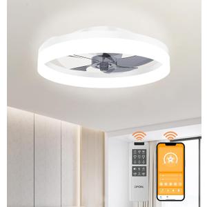 OPONL 19.7" White Ceiling Fan with Light and Remote, Dimmable, 3000k-6000k 6CCT, 6 Winds Speeds, Flush Mount, Low Profile, Bladeless Ceiling Fan for Bedroom, 19.7in-Flush Mount