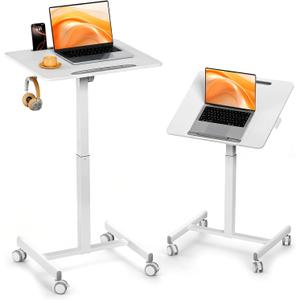 JOY worker Mobile Standing Desk, 23.6" x 20.5" Small Rolling Laptop Cart with 90 Tiltable Desktop, Portable Height Adjustable Sit-Stand Computer Desk on Wheels for Home Office, White