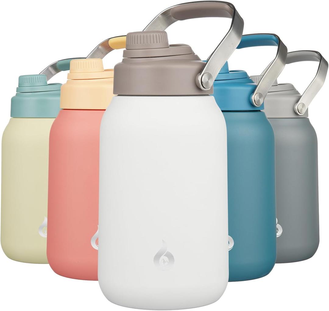BJPKPK Half Gallon Insulated Water Bottles, 64oz Water Jug with Metal Handle & BPA Free Spout Lid, Dishwasher Safe Flasks, Large Stainless Steel Gym Sport Jugs, Milky White