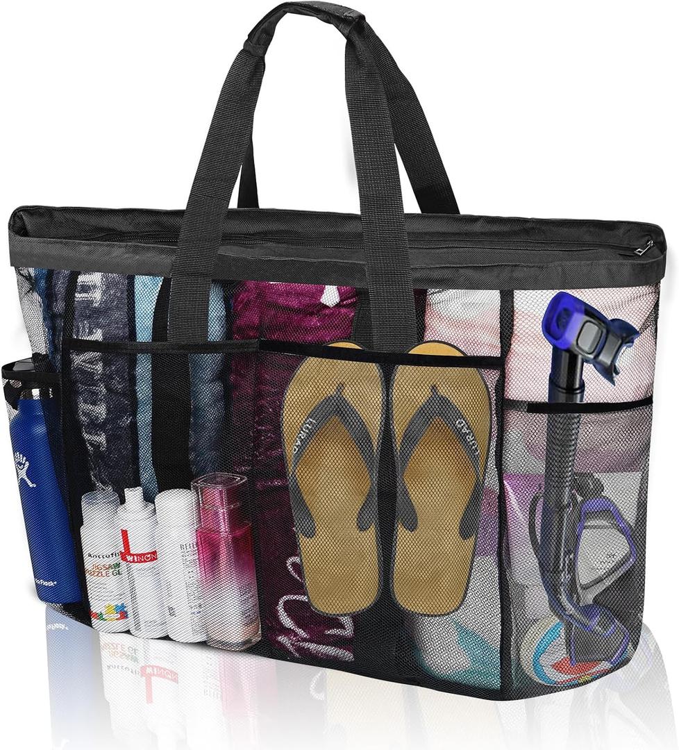 Mesh Beach Bags for Family - Women Beach Tote Bag for Toys, Towels, Travel Vacation Cruise Essentials