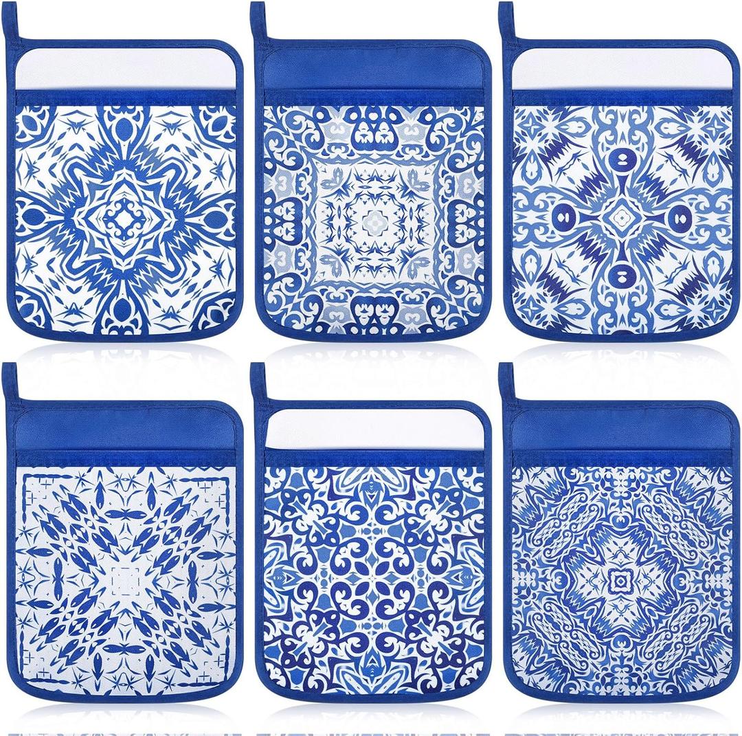 Hushee 6 Pcs White and Blue Pot Holders for Kitchen Chinoiserie Pot Holder Farmhouse Boho Potholders Spring Hot Pads for Kitchen Resistant Oven Mitts Baking Cooking Pocket Potholders for Women Gifts