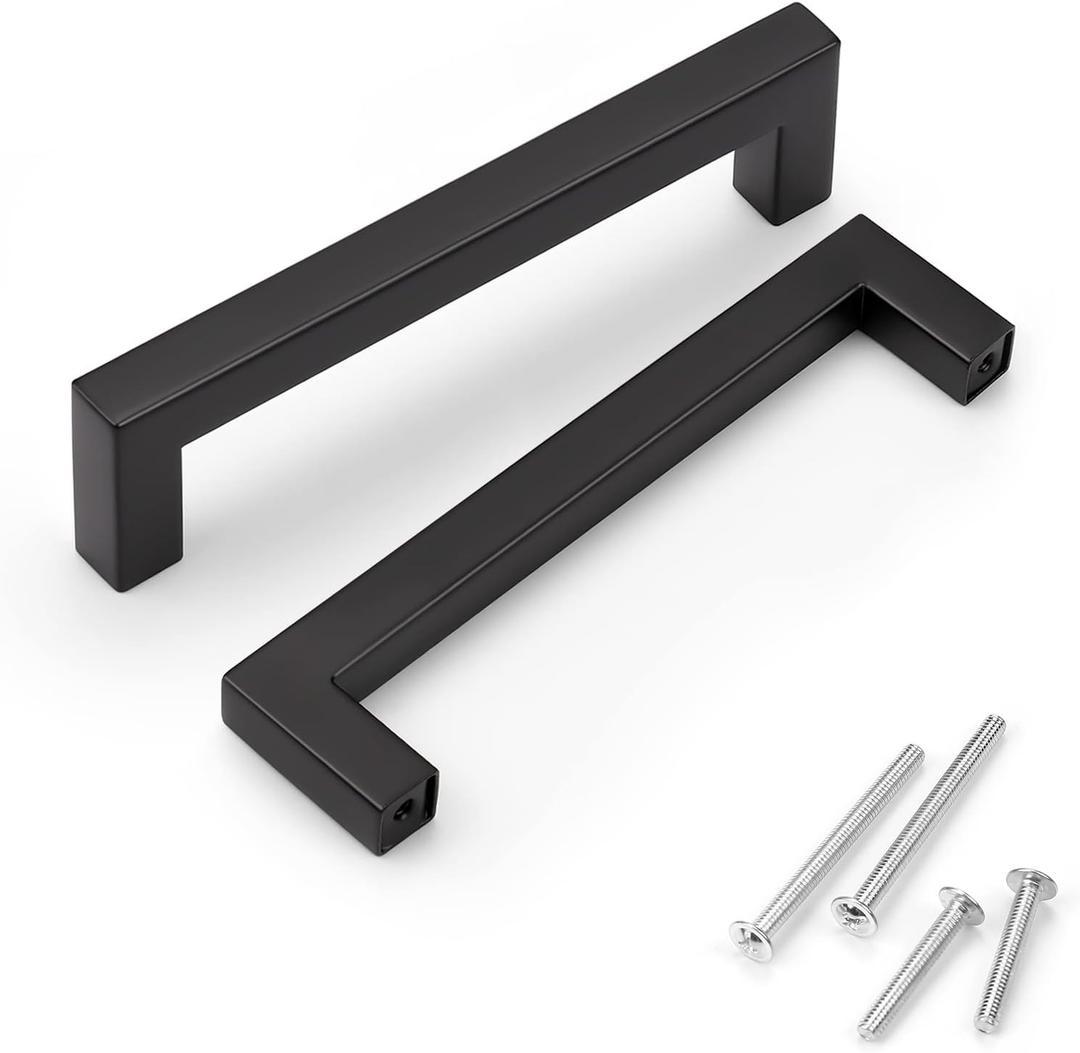 KNOBWELL 6 Pack 5 in Matte Black Kitchen Cabinet Door Handles - Stainless Steel Drawer Dresser Pulls Kitchen Cabinet Handles Black 6 Pack - 5" Hole Centers