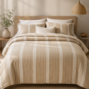 WDCOZY Velvet Queen Size Quilt Set - Beige Striped Soft Lightweight Bedspread, Tan Neutral Channel Farmhouse Country Rustic Coverlet, Taupe Camel Modern Bedding Kakhi Warm Thin Comforter, 3 Pieces