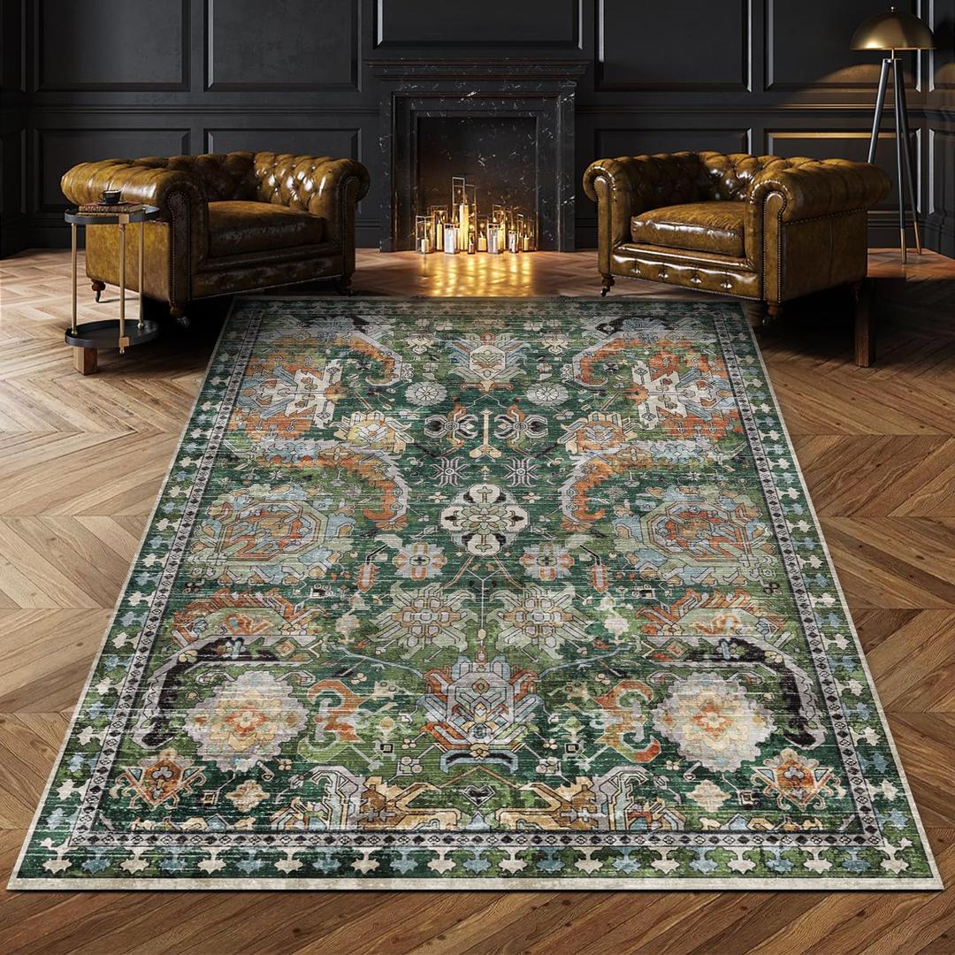 RUGSURE Washable Area Rugs - Perfect for Living Room, Bedroom, Kids Room, Nursery - Stain & Water Resistant Non-Slip, Pet & Child Friendly, Vintage Tribal Area Rugs (Green, 9' x 12')