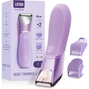 LGTGH Bikini Trimmer for Women: Pubic Hair Razor with Mirror & LED Light, Electric Shaver with Travel Lock & Ceramic Blades - Body Groomer IPX7 Waterproof Use for Legs/ Arm/ Underarm - Plum