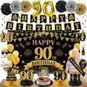 42PCS 90th Birthday Decoration Kit for Men Women, Black Gold Happy 90th Bday Banner Balloons Honeycomb Centerpiece Swirl Paper Pompoms Party Supplies, 90 Bday Sash Table Cake Topper Swirls Set