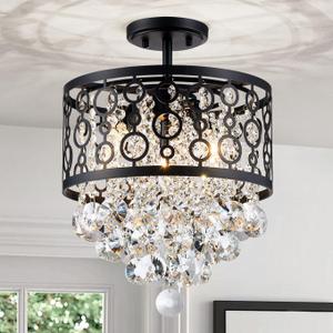 WUZUPS Crystal Drum Chandelier Flushmount Ceiling Light Modern Lighting Fixture for Entry Hallway Kitchen Bathroom Bedroom, H 16.3'' x W 13'', E12 Base, Black, 16.3 inches high, 13 inches wide