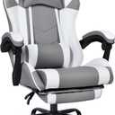 FAB&DELUXE Gaming Chair, Ergonomic Computer Office Chair with Footrest and Lumbar Support, Height Adjustable Desk Chair with 360 Swivel Seat and Headrest, Grey & White