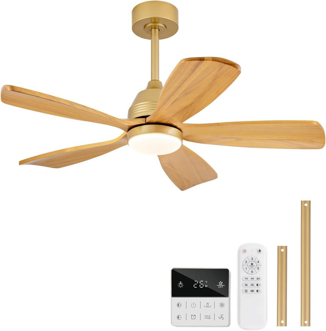 42 Inch Ceiling Fans with Lights and Remote, 5 Blades Wood Ceiling Fan with Light, Dimmable, Wall Switch, Reversible DC Motor, Modern Indoor Outdoor Ceiling Fans for Patios Bedroom (Gold) (Natural Wood Downrod Mount)
