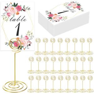 26 PCS Table Number Holder - Card Stand Wire Photo with Floral Cards, Place for Weddings Party Office Paper Memo Menu Note Clips, Gold